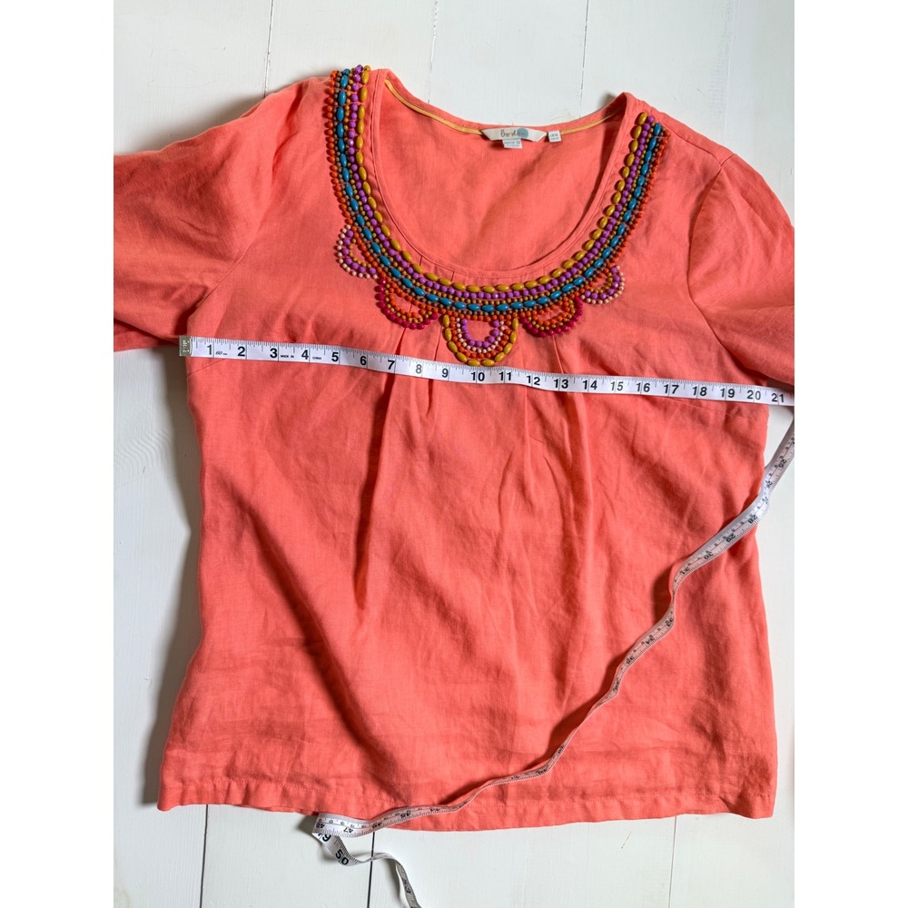 Boden Vibrant Orange Intricate Linen Beaded Neckline Blouse 3/4 Boho Top - Picture 7 of 12